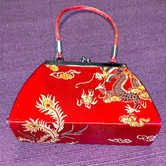 Asian Mini Red Silk Golden Dragon Snap Button Purse 4”H x 2”W x 5.5” L - Picture 3 of 13